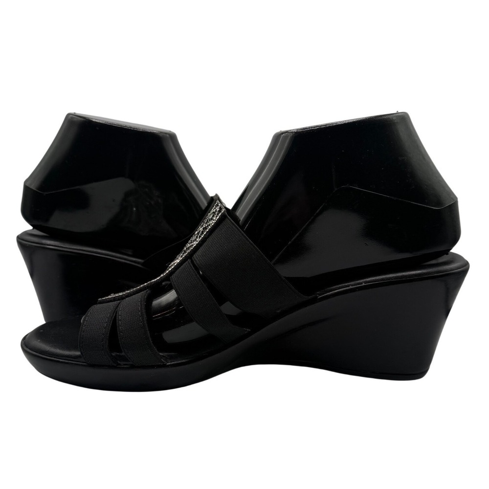 Italian Shoemakers Women 9.5 Black Elastic Strap Slip On Wedge Sandals Embellish